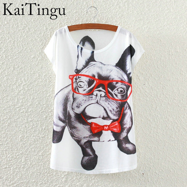 KaiTingu 2016 Brand New Fashion Spring Summer Harajuku Short Sleeve T Shirt Women Tops Glasses Dog Printed T-shirt White Clothes