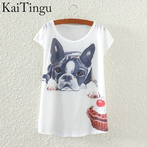 KaiTingu 2016 Brand New Fashion Spring Summer Harajuku Short Sleeve T Shirt Women Tops Glasses Dog Printed T-shirt White Clothes