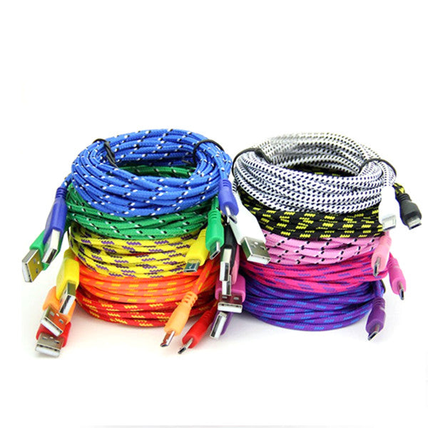 Extra Long (10 Ft) Fiber Cloth Sync & Charge USB Android Cable - Assorted Colors